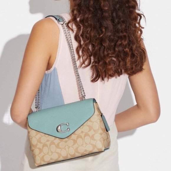 Coach Tammie Shoulder Bag In Signature Canvas Light Khaki / Light Teal - Picture 5 of 16